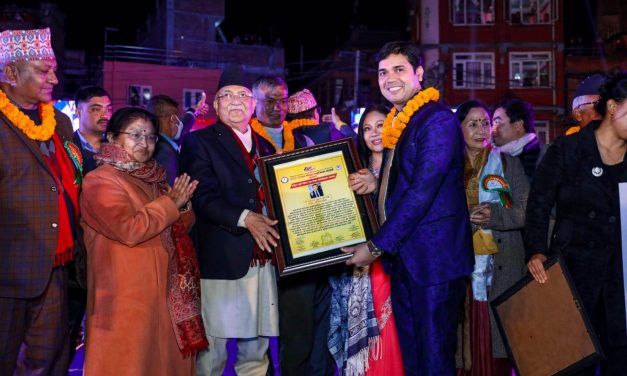 Former PM KP Oli felicitates Choreographer Aswini