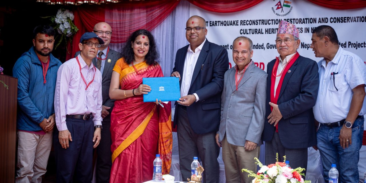 Handover of Award of Merit under the 2025 UNESCO Asia-Pacific Awards for Cultural Heritage Conservation to the Jestha Varna Mahavihar, Lalitpur which was implemented through Government of India’s grant assistance